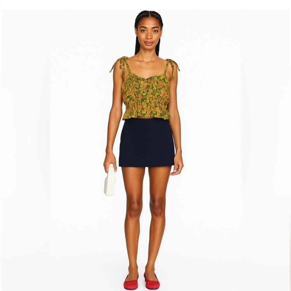 Japna boho Yellow and Green Smocked Tie Front Crop Top floral large